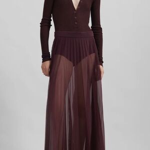 The Frankie Shop VALLEN PLEATED MESH MAXI SKIRT - BURGUNDY, SIZE XS